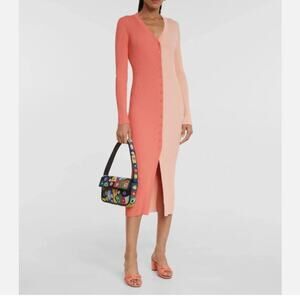 Staud Shoko Ribbed Knit Midi Dress Bittersweet/Peach Colorblock  Sz S